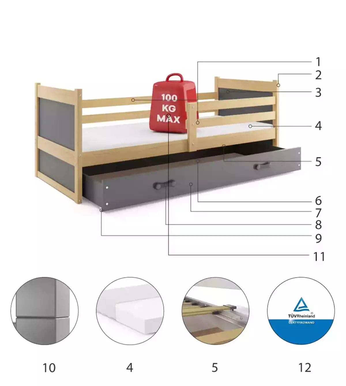 Komponenten für Jugendbett Richard, 80x190, mit Matratze und Schublade, Kiefer/grau