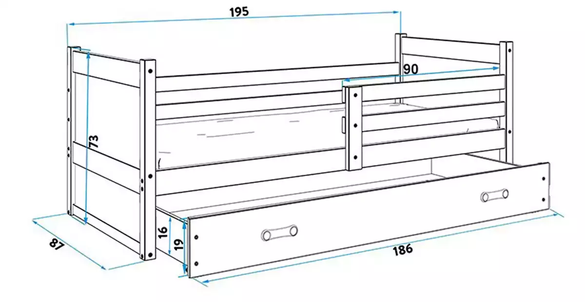 Abmessungen und Spezifikationen für Jugendbett Richard, 80x190, mit Matratze und Schublade, weiß/grün