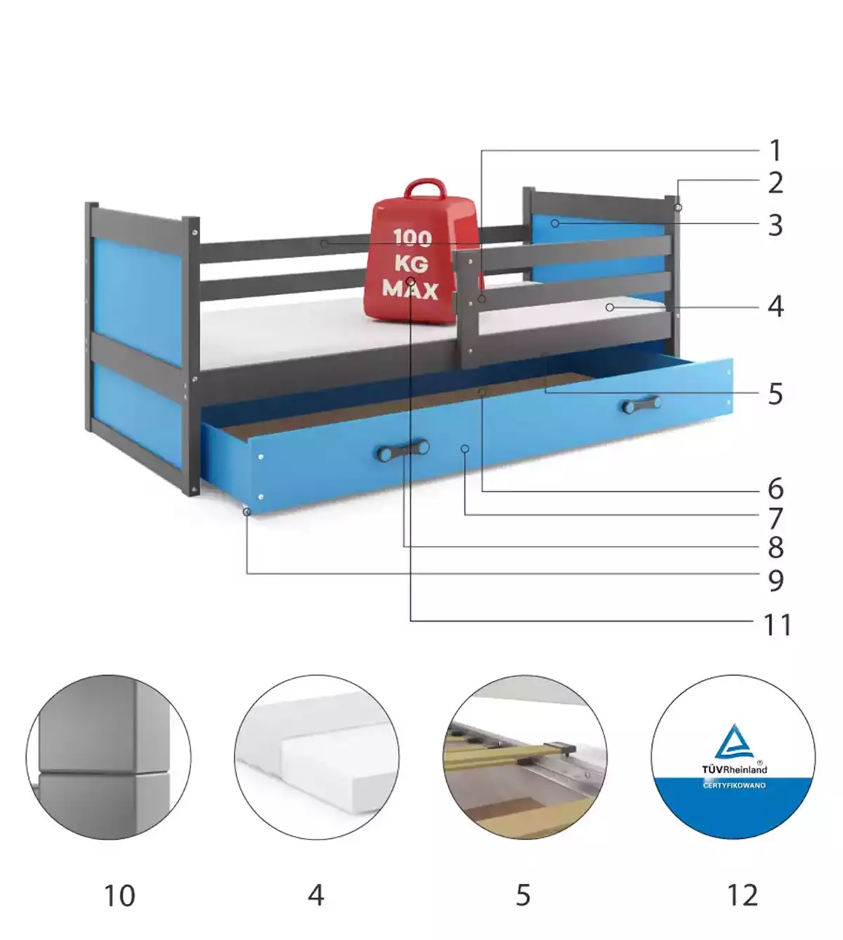 Komponenten für Jugendbett Richard, 90x190, mit Matratze und Schublade, grau/blau