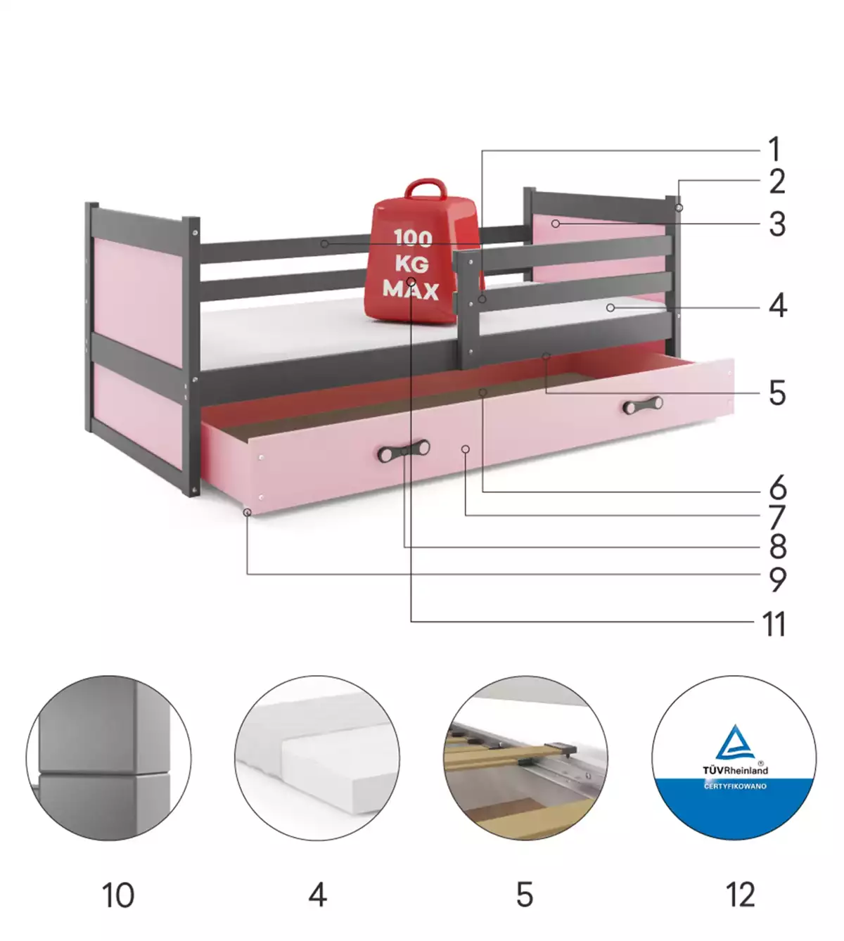 Komponenten für Jugendbett Richard, 90x190, mit Matratze und Schublade, grau/rosa