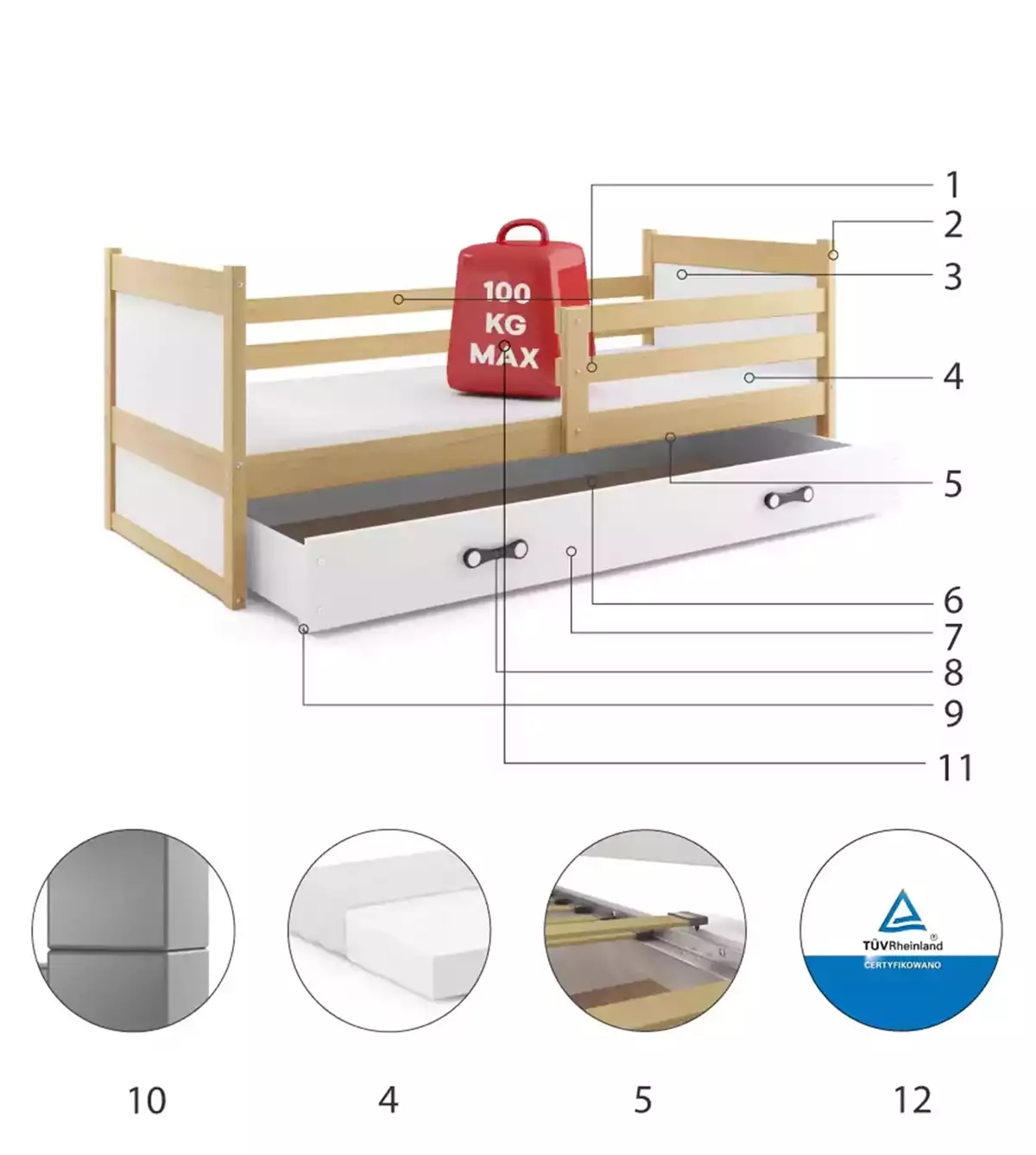 Komponenten für Jugendbett Richard, 90x190, mit Matratze und Schublade, Kiefer/weiß Komponenten für Jugendbett Richard, 90x190, mit Matratze und Schublade, Kiefer/weiß