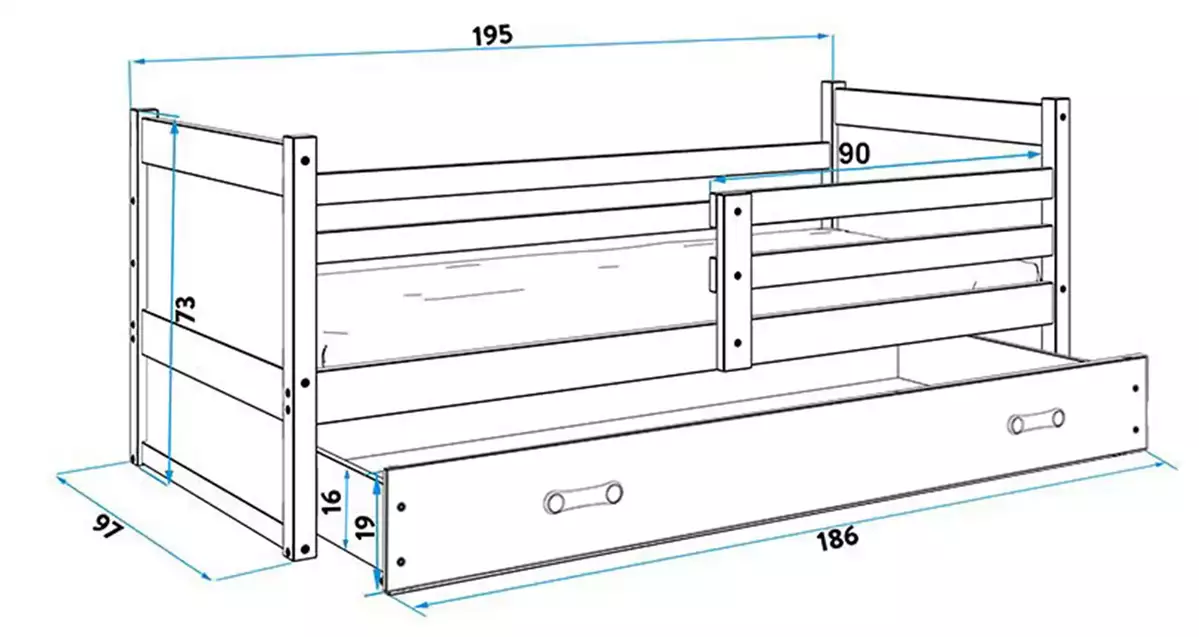 Abmessungen und Spezifikationen für Jugendbett Richard, 90x190, mit Matratze und Schublade, weiß Abmessungen und Spezifikationen für Jugendbett Richard, 90x190, mit Matratze und Schublade, weiß