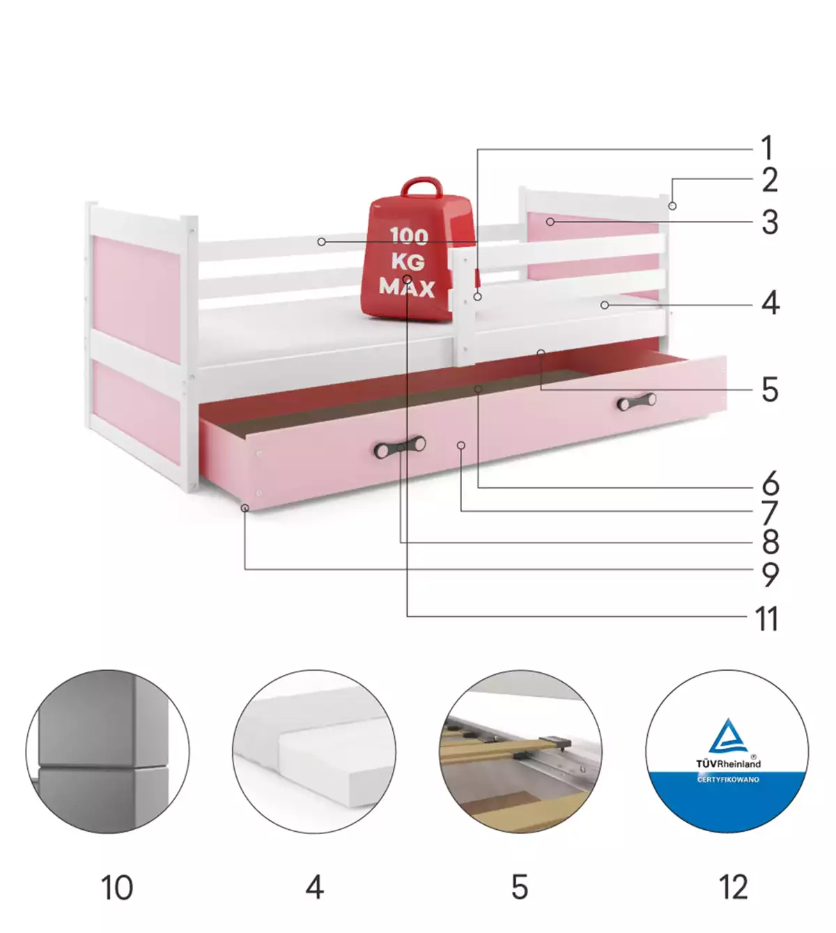 Komponenten für Jugendbett Richard, 90x190, mit Matratze und Schublade, weiß/rosa