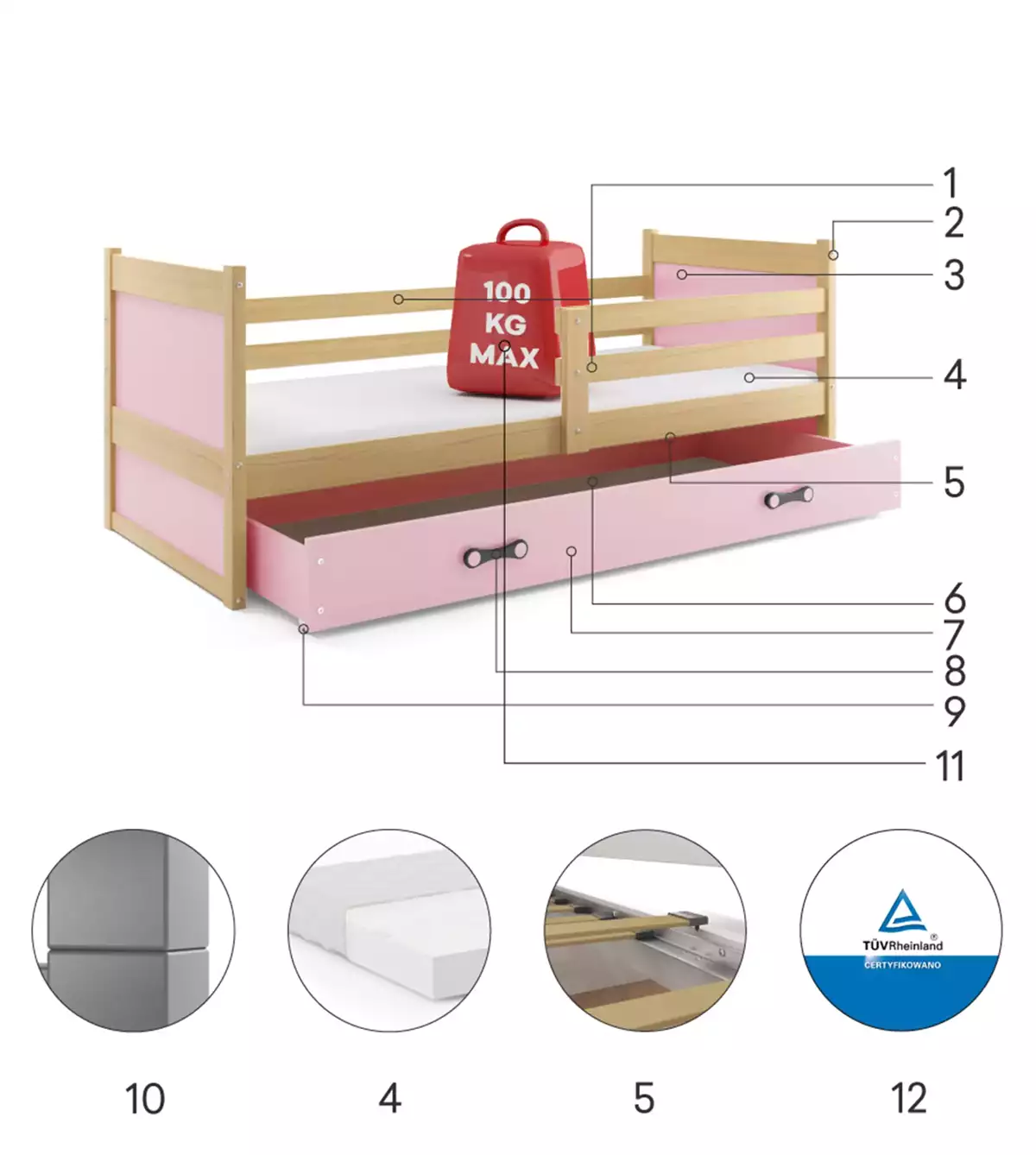 Komponenten für Jugendbett Richard, 90x190, mit Schublade, Kiefer/rosa Komponenten für Jugendbett Richard, 90x190, mit Schublade, Kiefer/rosa