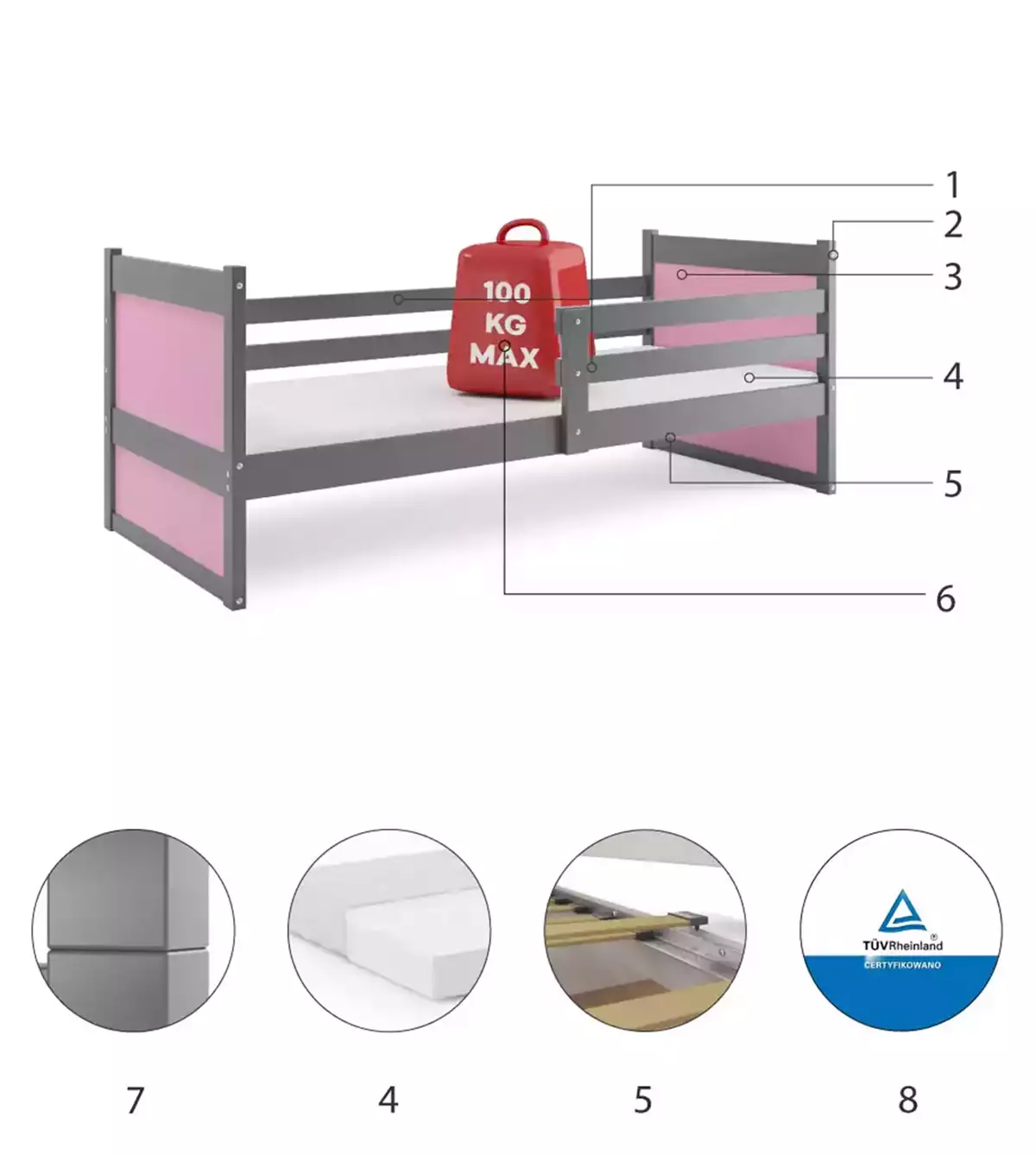 Komponenten für Jugendbett Richard, 90x200, mit Matratze, grau/rosa Komponenten für Jugendbett Richard, 90x200, mit Matratze, grau/rosa