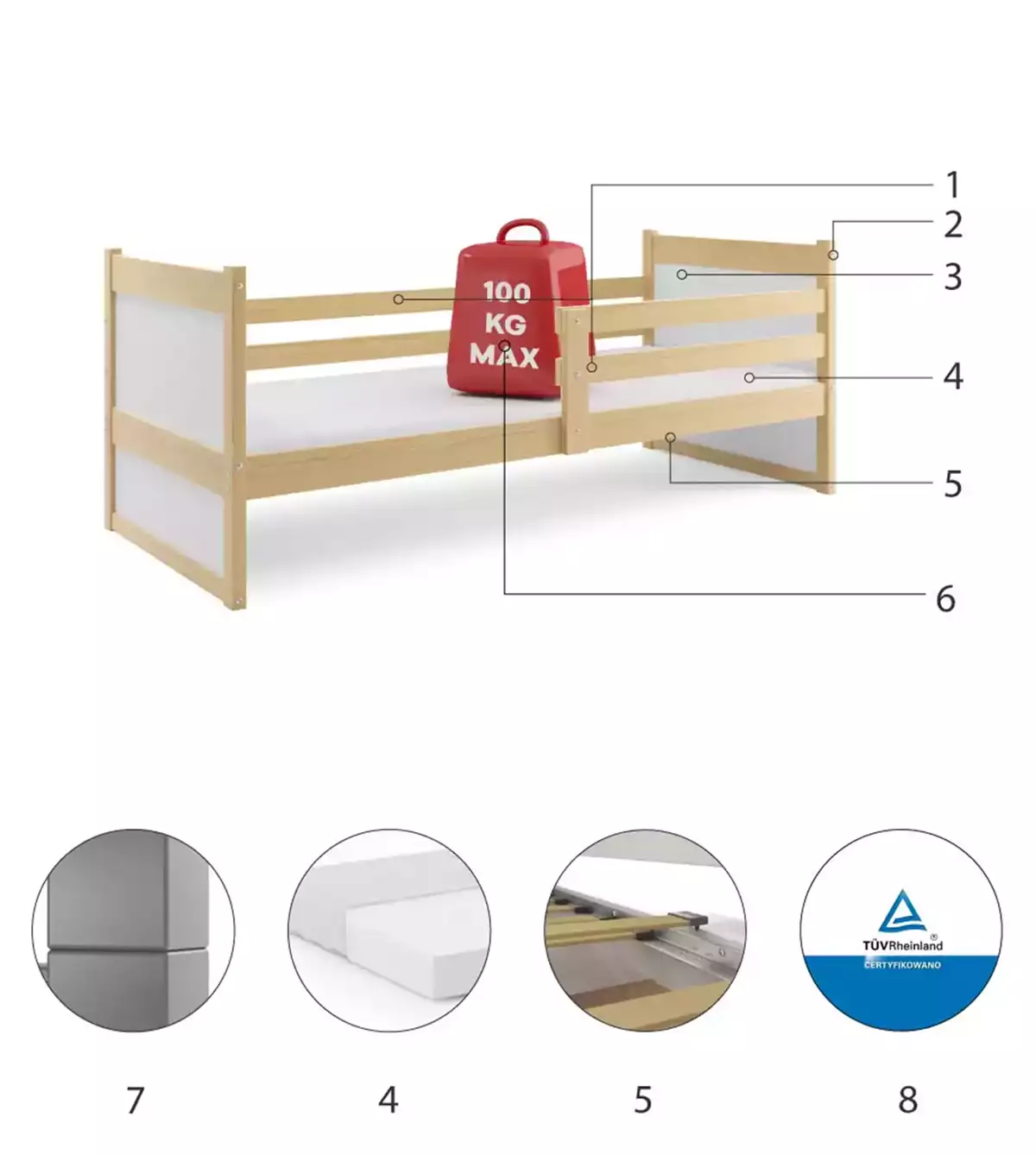 Komponenten für Jugendbett Richard, 90x200, mit Matratze, Kiefer/weiß Komponenten für Jugendbett Richard, 90x200, mit Matratze, Kiefer/weiß