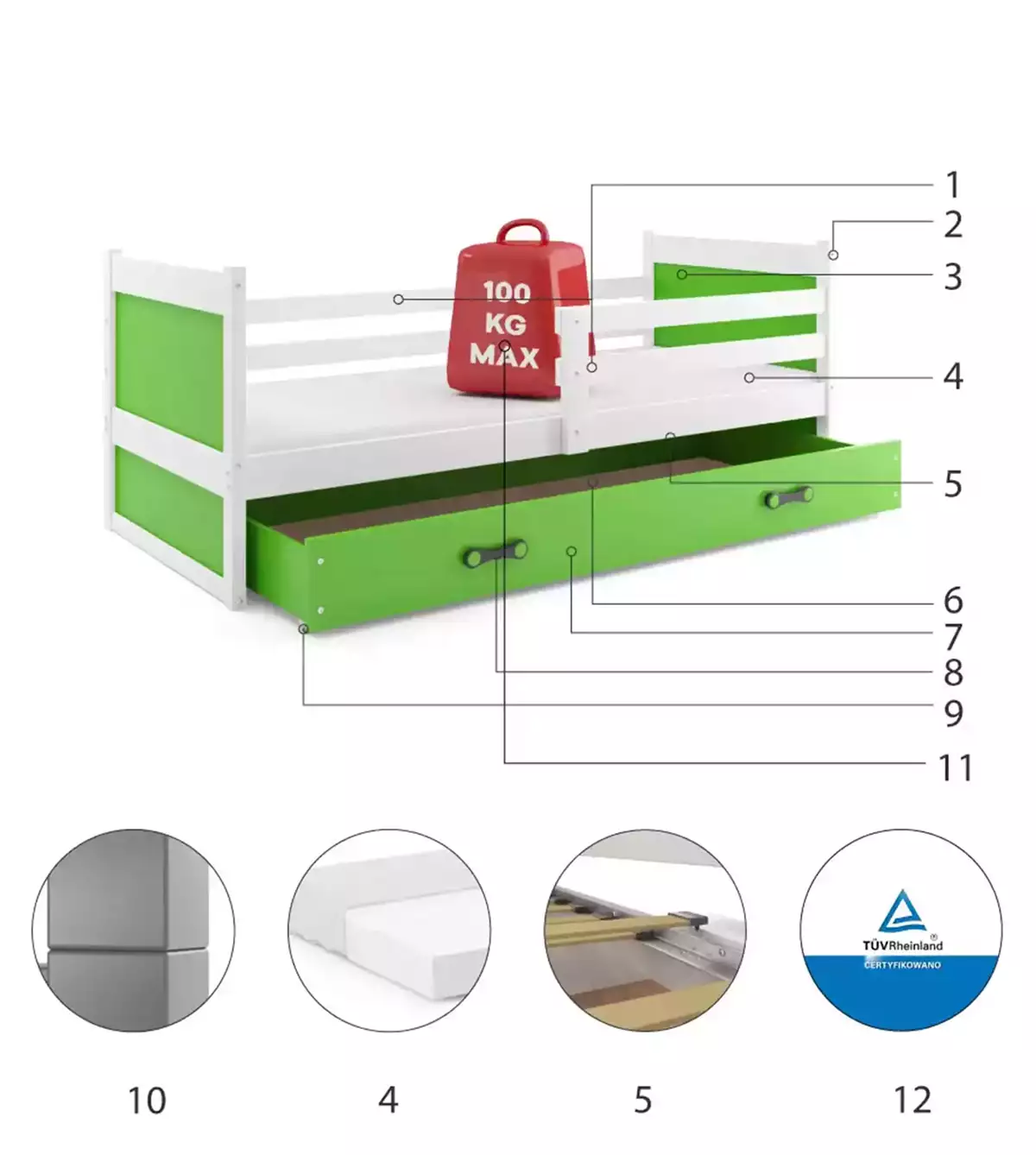 Komponenten für Jugendbett Richard, 90x200, mit Matratze, Schublade, weiß/grün Komponenten für Jugendbett Richard, 90x200, mit Matratze, Schublade, weiß/grün