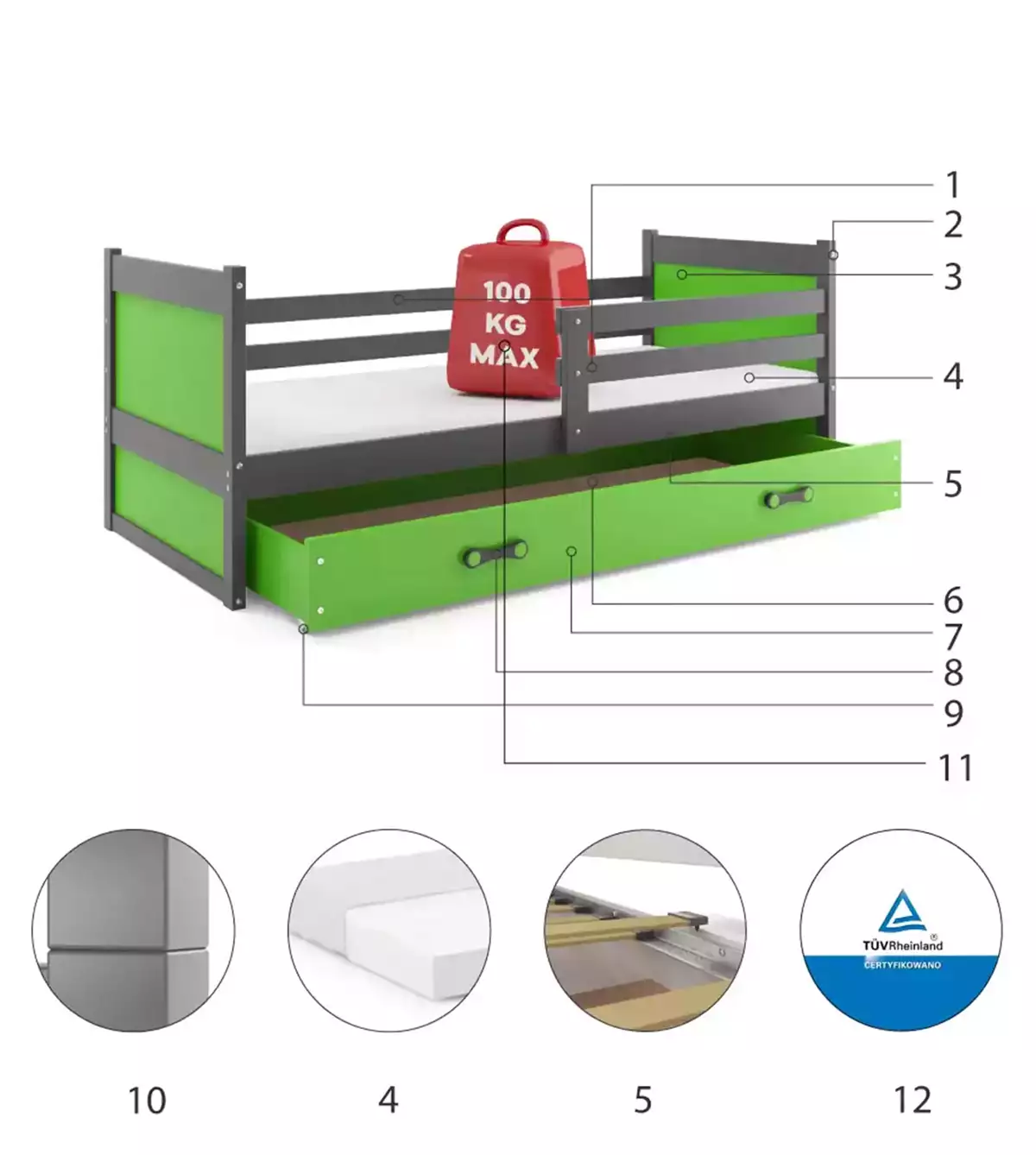 Komponenten für Jugendbett Richard, 90x200, mit Matratze und Schublade, grau/grün