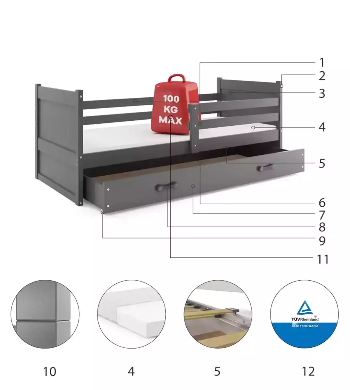 Komponenten für Jugendbett Richard, 90x200, mit Matratze und Schublade, grau