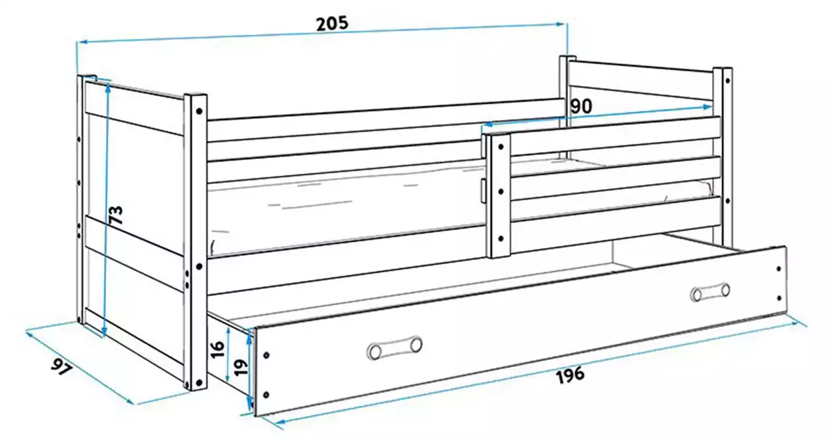 Abmessungen und Spezifikationen für Jugendbett Richard, 90x200, mit Matratze und Schublade, grau/weiß