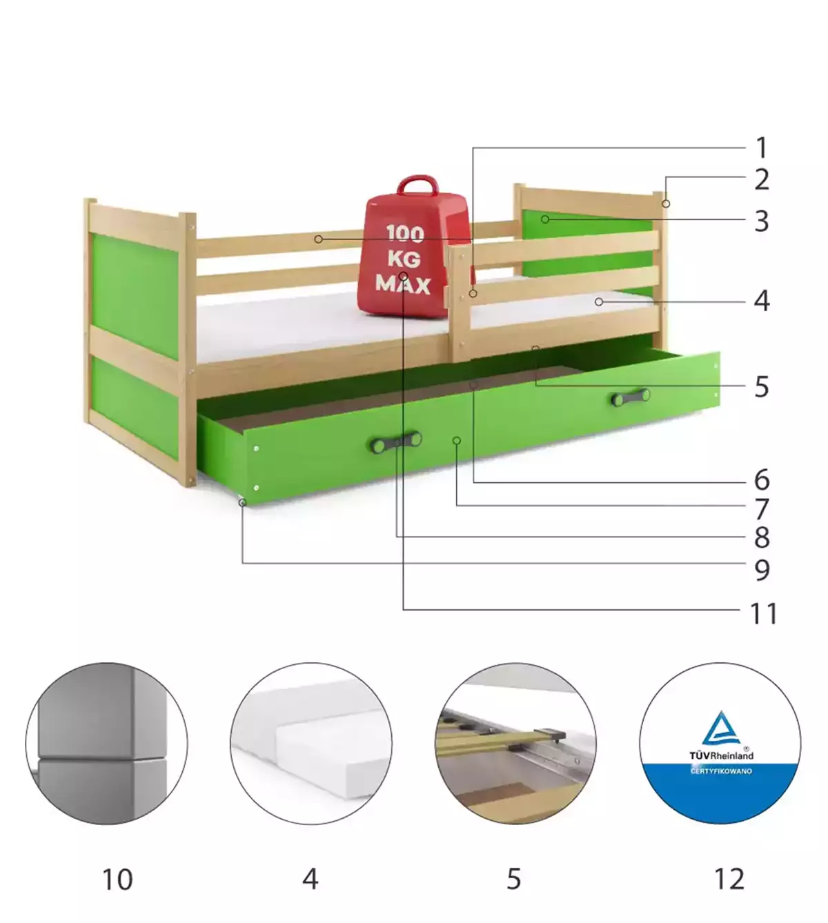 Komponenten für Jugendbett Richard, 90x200, mit Matratze und Schublade, Kiefer/grün Komponenten für Jugendbett Richard, 90x200, mit Matratze und Schublade, Kiefer/grün
