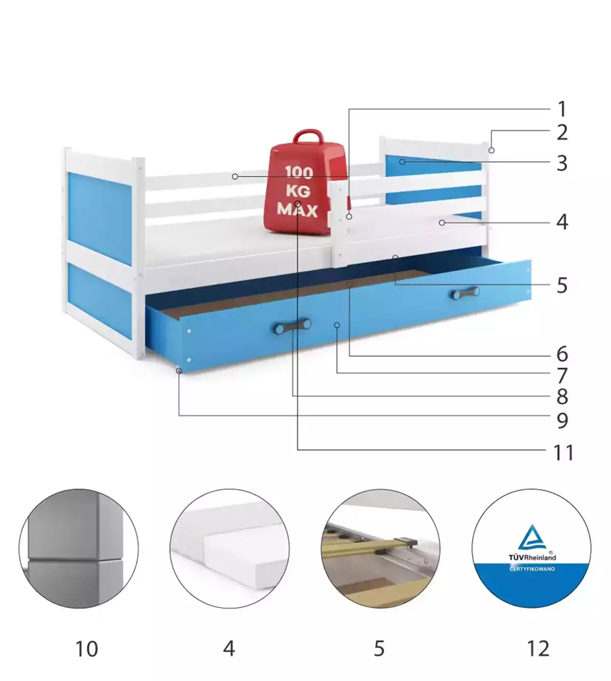 Komponenten für Jugendbett Richard, 90x200, mit Matratze und Schublade, weiß/blau Komponenten für Jugendbett Richard, 90x200, mit Matratze und Schublade, weiß/blau