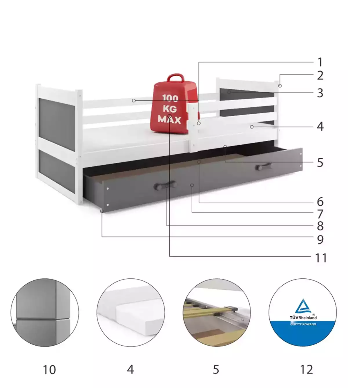 Komponenten für Jugendbett Richard, 90x200, mit Matratze und Schublade, weiß/grau