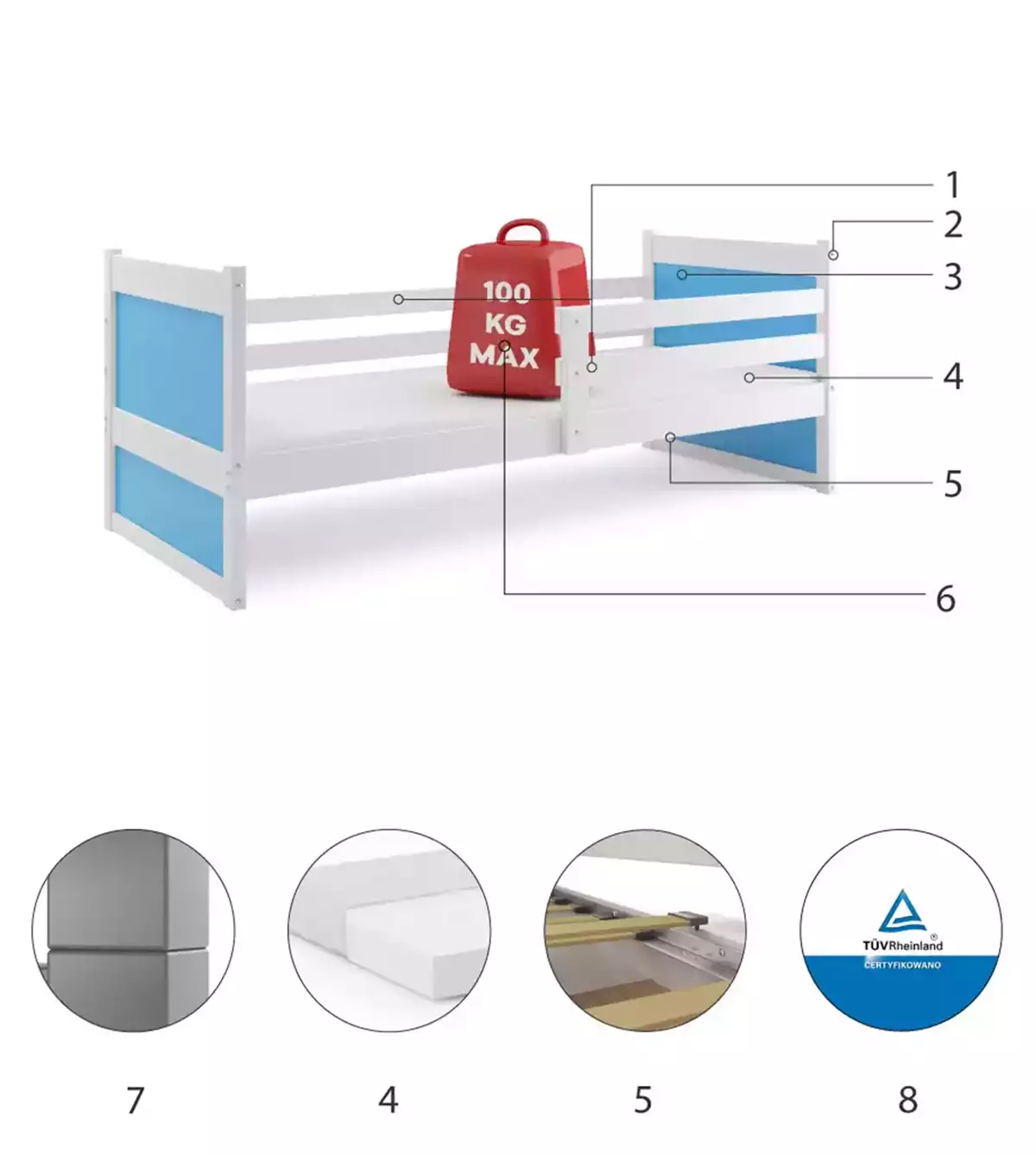 Komponenten für Jugendbett Richard, 90x200, mit Matratze, weiß/blau Komponenten für Jugendbett Richard, 90x200, mit Matratze, weiß/blau