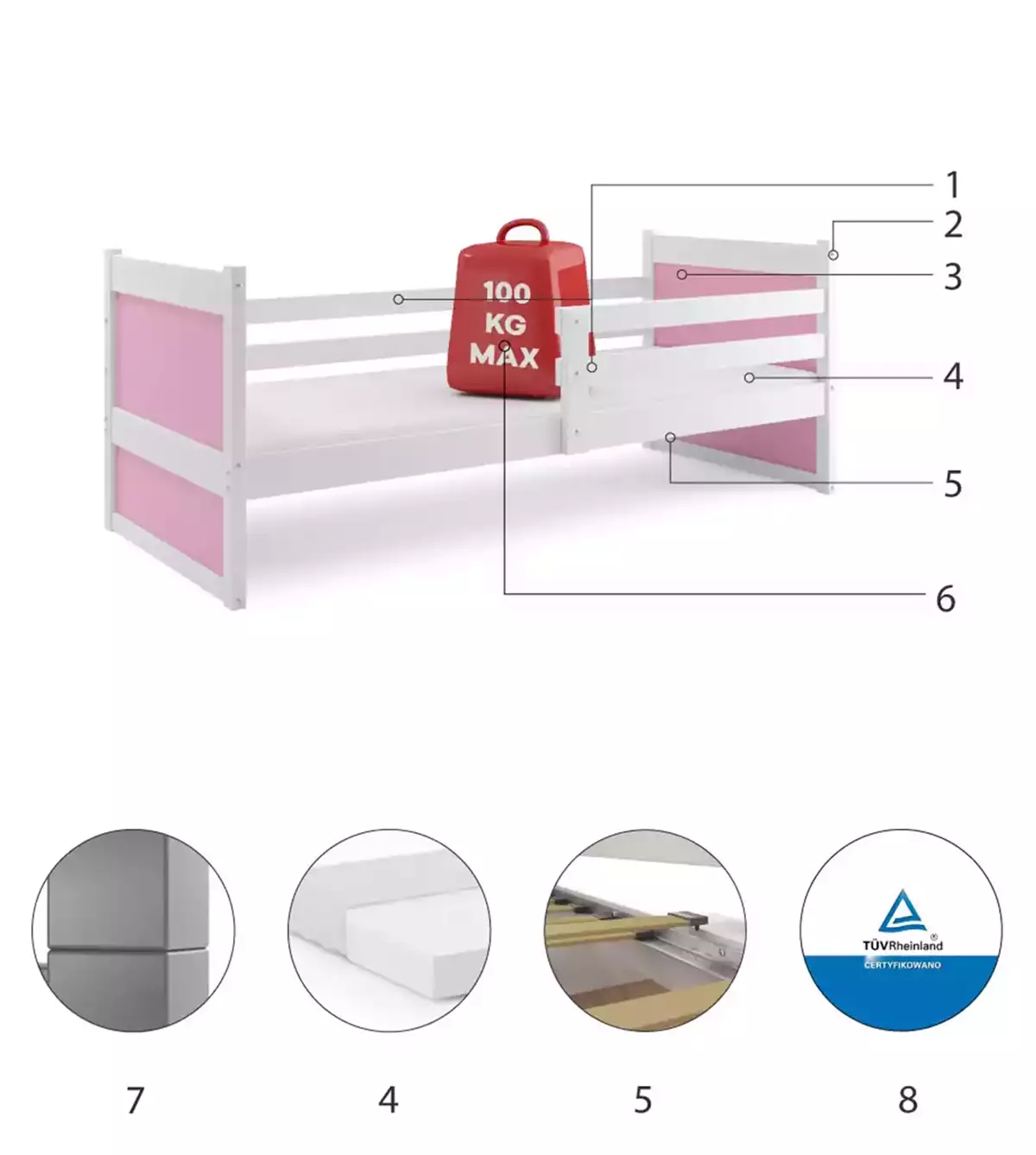 Komponenten für Jugendbett Richard, 90x200, mit Matratze, weiß/rosa Komponenten für Jugendbett Richard, 90x200, mit Matratze, weiß/rosa