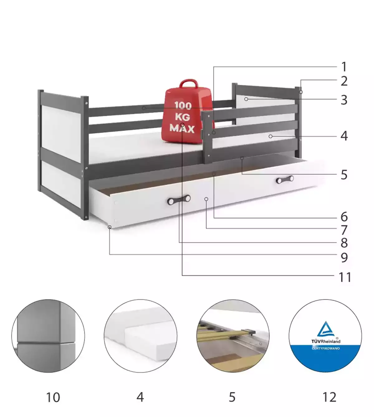 Komponenten für Jugendbett Richard, 90x200, mit Schublade, grau/weiß Komponenten für Jugendbett Richard, 90x200, mit Schublade, grau/weiß