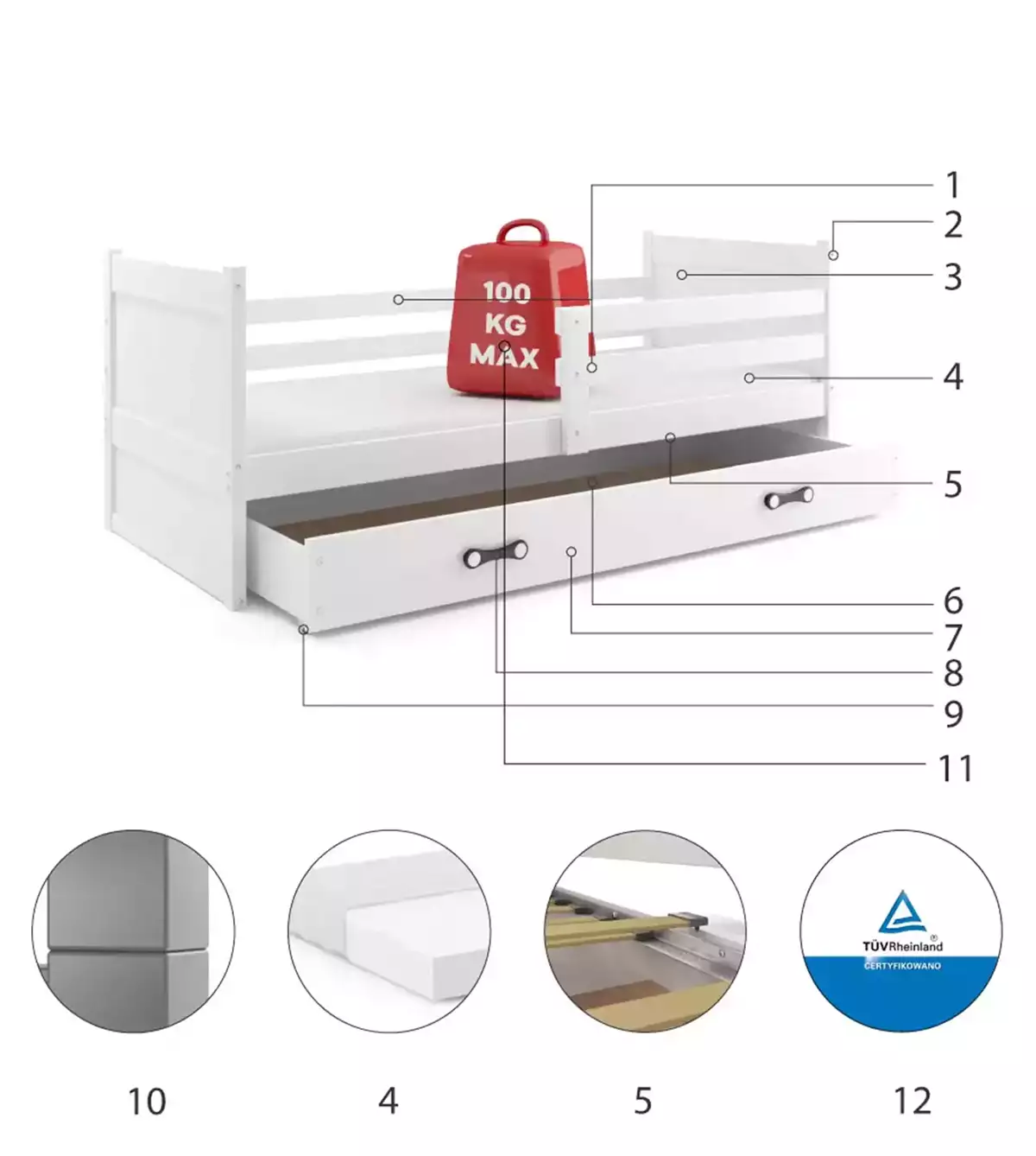 Komponenten für Jugendbett Richard, 90x200, mit Schublade, weiß Komponenten für Jugendbett Richard, 90x200, mit Schublade, weiß