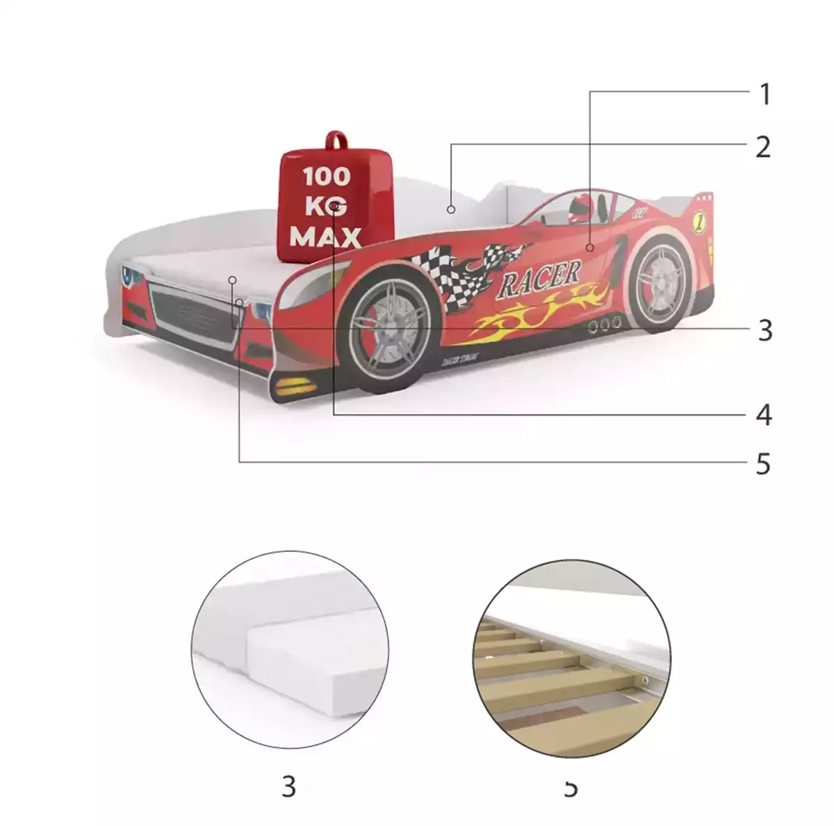 Komponenten für Kinderbett Cars, 80x160, mit Matratze, rot Komponenten für Kinderbett Cars, 80x160, mit Matratze, rot