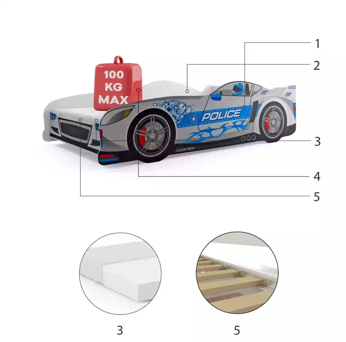 Komponenten für Kinderbett Cars, 80x160, mit Matratze, silber