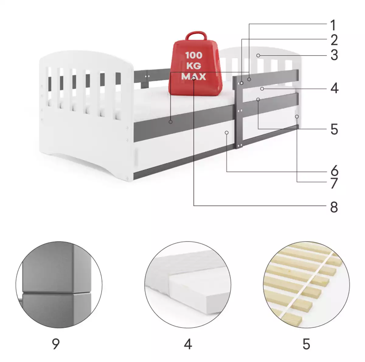 Komponenten für Kinderbett Classic 80x160, mit Matratze und Stauraum, grau Komponenten für Kinderbett Classic 80x160, mit Matratze und Stauraum, grau