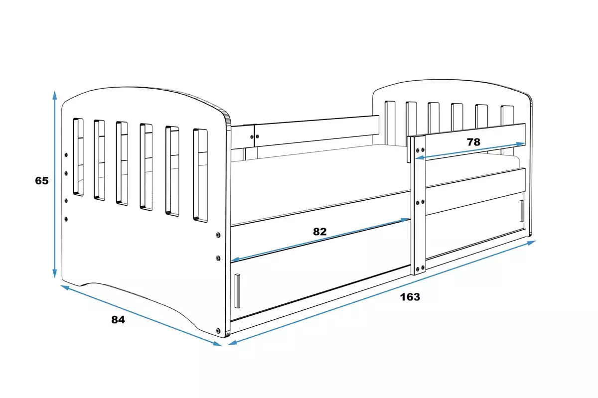 Abmessungen und Spezifikationen für Kinderbett Classic, 80x160, mit Matratze und Stauraum, weiß Abmessungen und Spezifikationen für Kinderbett Classic, 80x160, mit Matratze und Stauraum, weiß