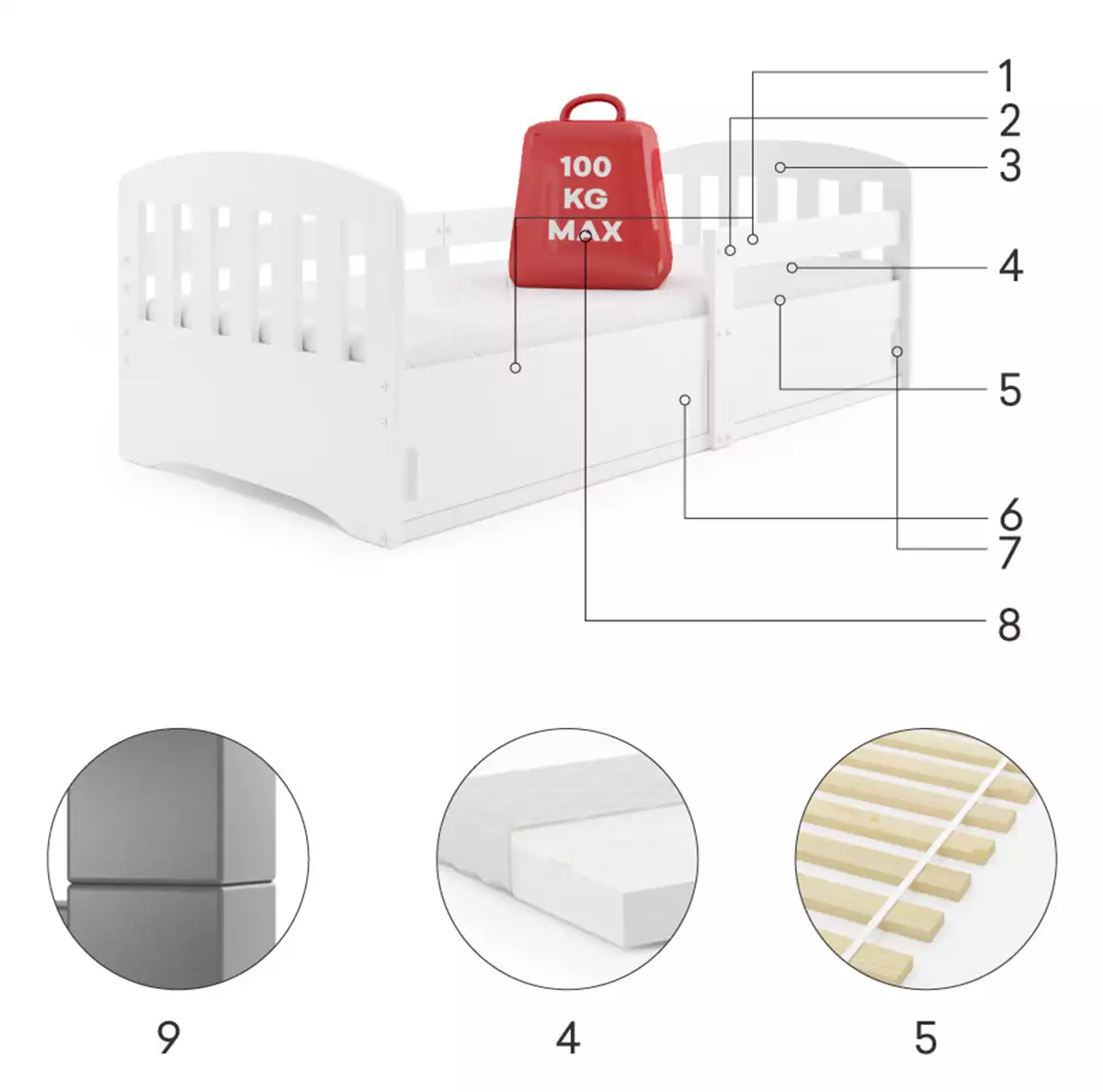 Komponenten für Kinderbett Classic, 80x160, mit Matratze und Stauraum, weiß Komponenten für Kinderbett Classic, 80x160, mit Matratze und Stauraum, weiß