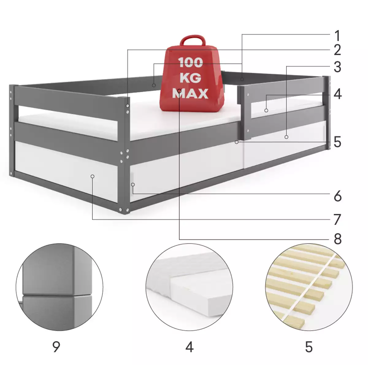Komponenten für Kinderbett Hugo, 80x160, mit Stauraum, grau Komponenten für Kinderbett Hugo, 80x160, mit Stauraum, grau