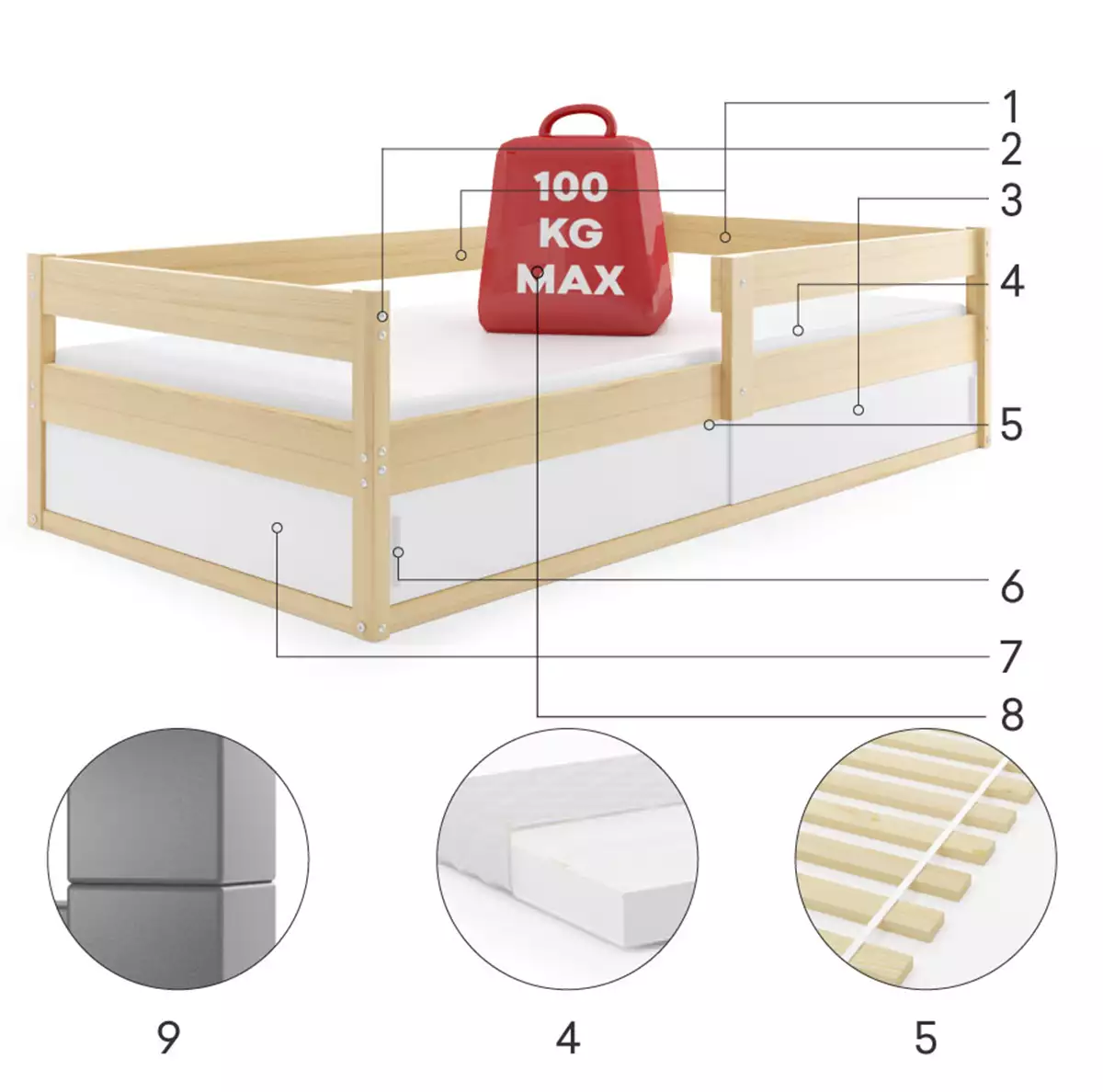 Komponenten für Kinderbett Hugo, 80x160, mit Stauraum, Kiefer Komponenten für Kinderbett Hugo, 80x160, mit Stauraum, Kiefer