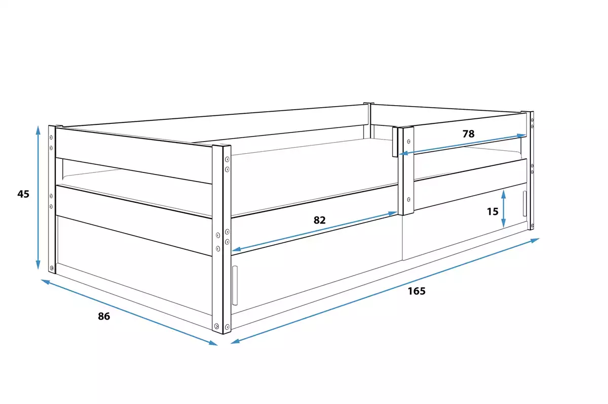 Abmessungen und Spezifikationen für Kinderbett Hugo, 80x160, mit Stauraum, weiß Abmessungen und Spezifikationen für Kinderbett Hugo, 80x160, mit Stauraum, weiß