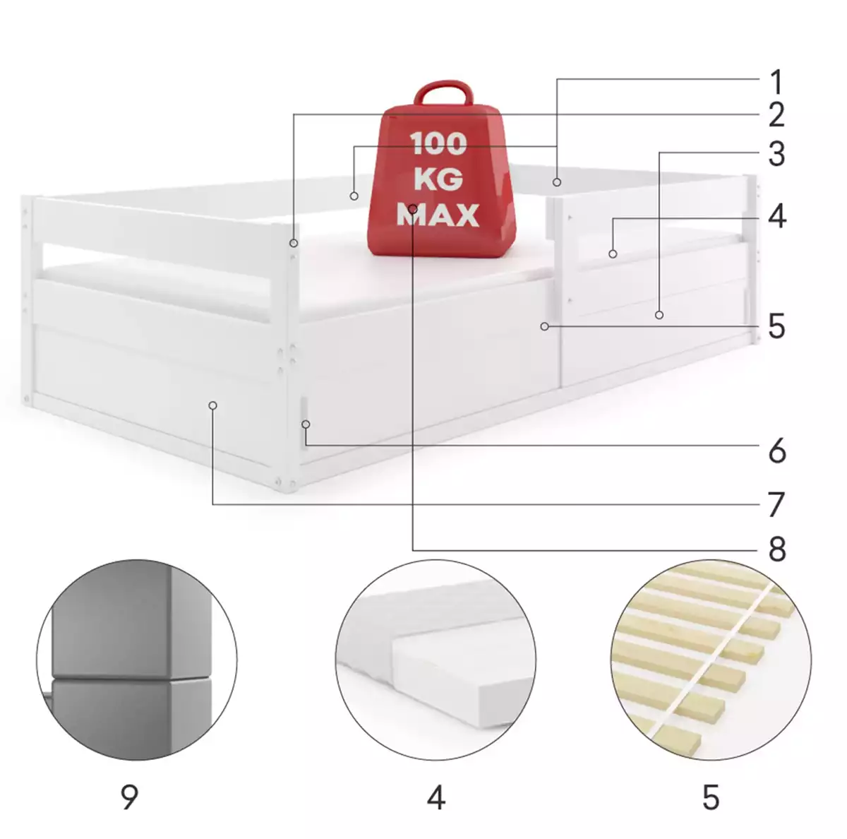 Komponenten für Kinderbett Hugo, 80x160, mit Stauraum, weiß Komponenten für Kinderbett Hugo, 80x160, mit Stauraum, weiß