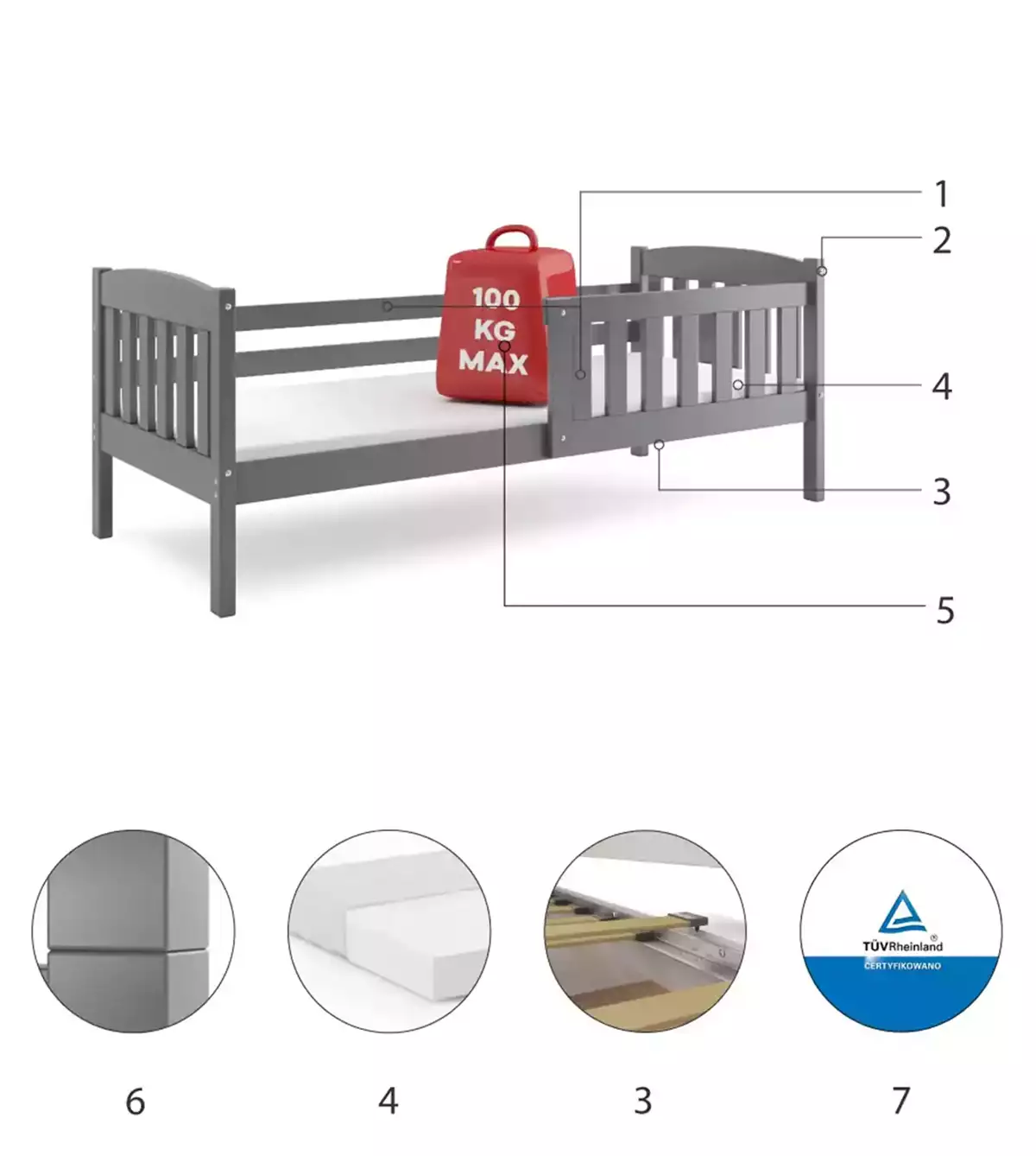 Komponenten für Kinderbett Jakob, 80x160, grau