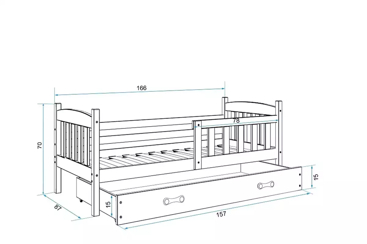 Abmessungen und Spezifikationen für Kinderbett Jakob, 80x160, mit Matratze und Schublade, grau/weiß Abmessungen und Spezifikationen für Kinderbett Jakob, 80x160, mit Matratze und Schublade, grau/weiß