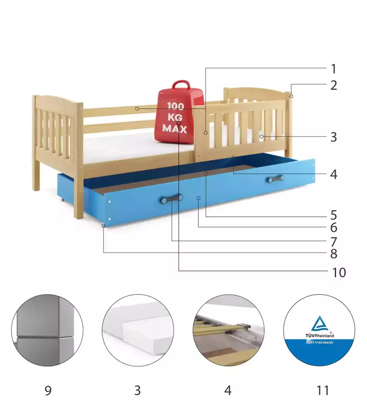 Komponenten für Kinderbett Jakob, 80x160, mit Matratze und Schublade, Kiefer/blau Komponenten für Kinderbett Jakob, 80x160, mit Matratze und Schublade, Kiefer/blau