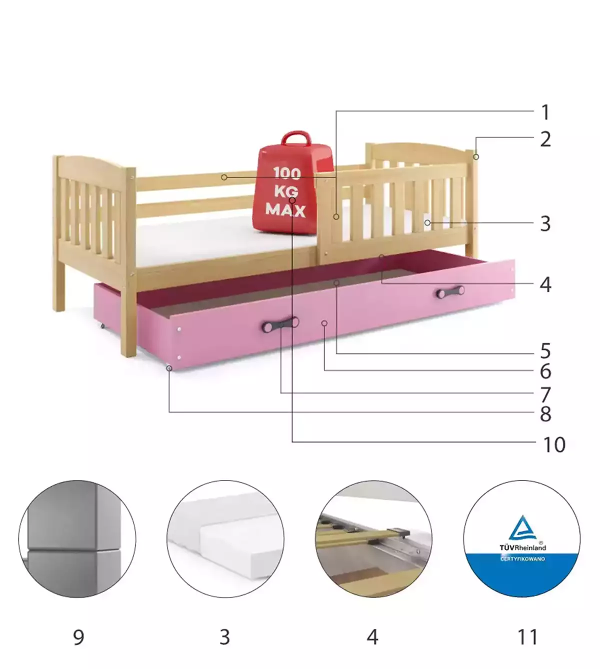Komponenten für Kinderbett Jakob, 80x160, mit Matratze und Schublade, Kiefer/rosa Komponenten für Kinderbett Jakob, 80x160, mit Matratze und Schublade, Kiefer/rosa