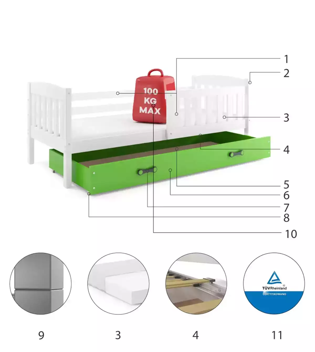 Komponenten für Kinderbett Jakob, 80x160, mit Matratze und Schublade, weiß/grün Komponenten für Kinderbett Jakob, 80x160, mit Matratze und Schublade, weiß/grün