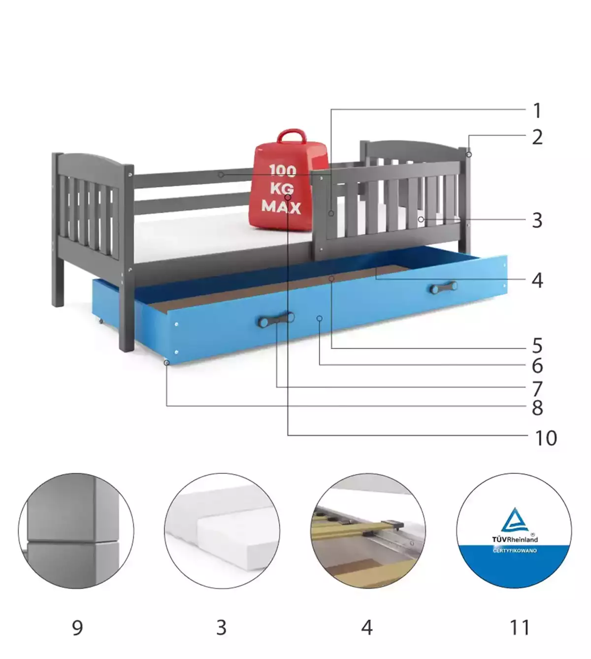 Komponenten für Kinderbett Jakob, 80x160, mit Schublade, grau/blau