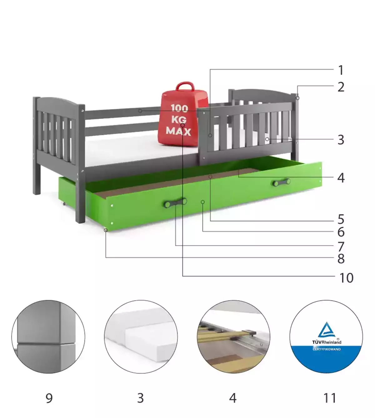 Komponenten für Kinderbett Jakob, 80x160, mit Schublade, grau/grün Komponenten für Kinderbett Jakob, 80x160, mit Schublade, grau/grün