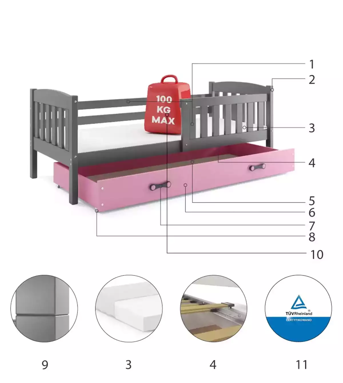 Komponenten für Kinderbett Jakob, 80x160, mit Schublade, grau/rosa