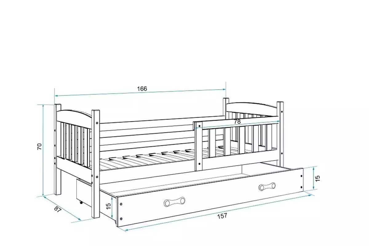 Abmessungen und Spezifikationen für Kinderbett Jakob, 80x160, mit Schublade, grau/weiß Abmessungen und Spezifikationen für Kinderbett Jakob, 80x160, mit Schublade, grau/weiß