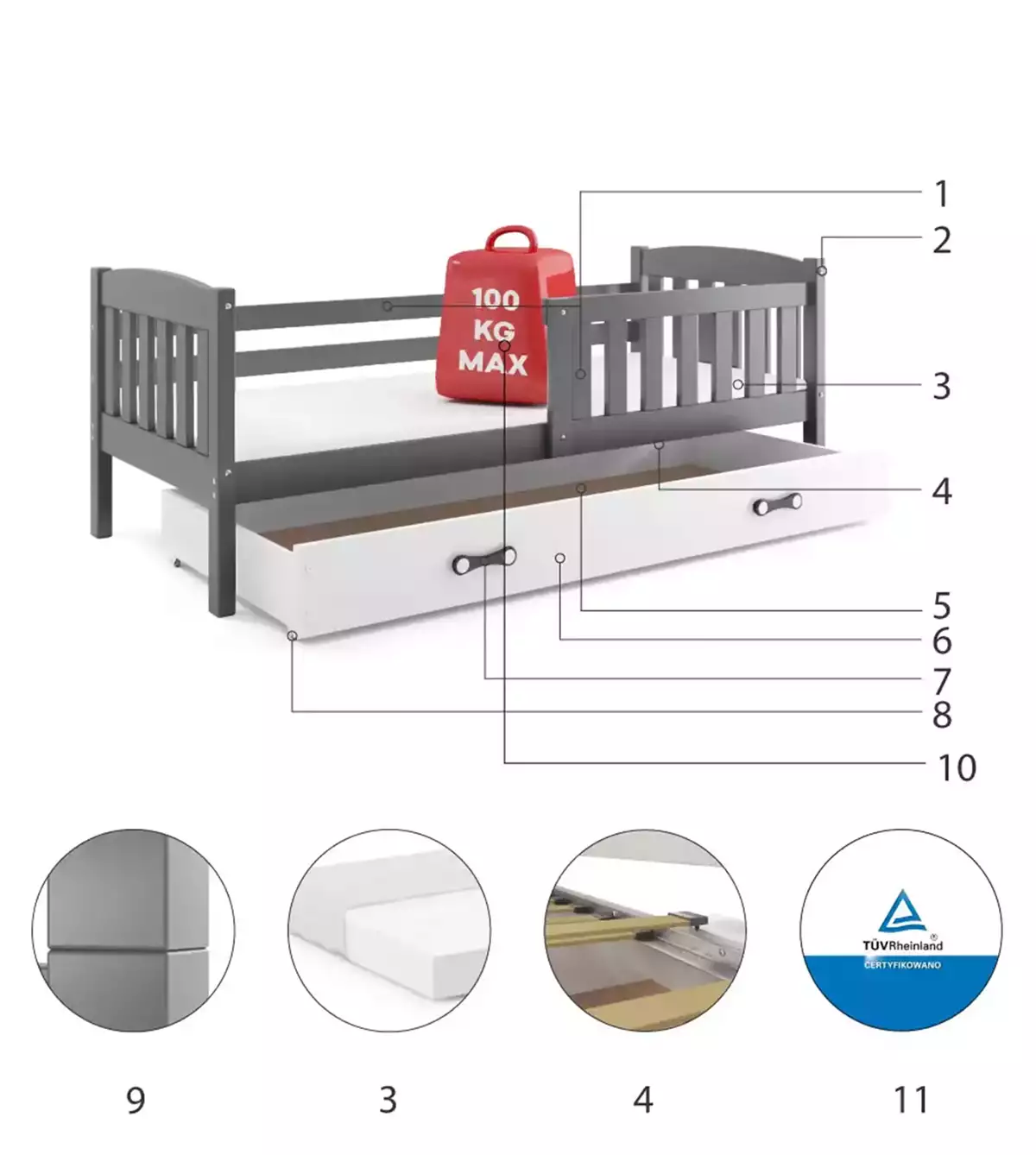 Komponenten für Kinderbett Jakob, 80x160, mit Schublade, grau/weiß Komponenten für Kinderbett Jakob, 80x160, mit Schublade, grau/weiß
