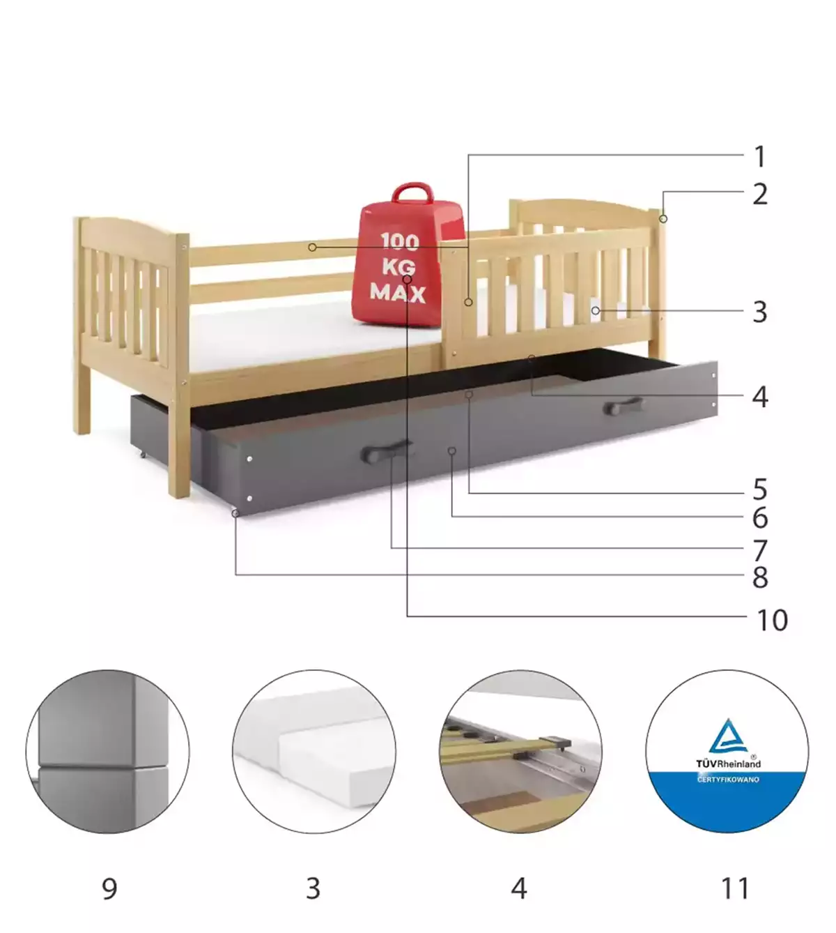 Komponenten für Kinderbett Jakob, 80x160, mit Schublade, Kiefer/grau