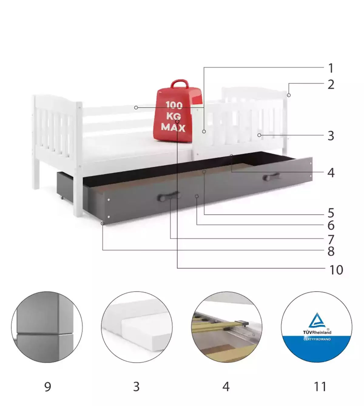 Komponenten für Kinderbett Jakob, 80x160, mit Schublade, weiß/grau Komponenten für Kinderbett Jakob, 80x160, mit Schublade, weiß/grau