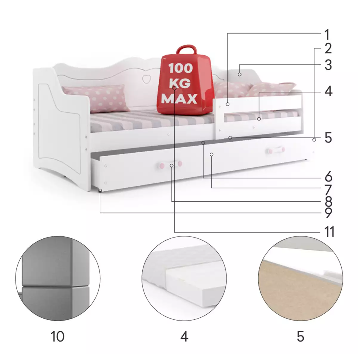 Komponenten für Kinderbett Julia, 80x160, mit Matratze und Schublade, weiß Komponenten für Kinderbett Julia, 80x160, mit Matratze und Schublade, weiß
