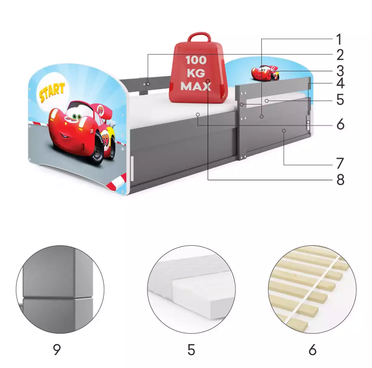 Komponenten für Kinderbett Lucas 1, 80x160, mit Stauraum, Cars, grau Komponenten für Kinderbett Lucas 1, 80x160, mit Stauraum, Cars, grau