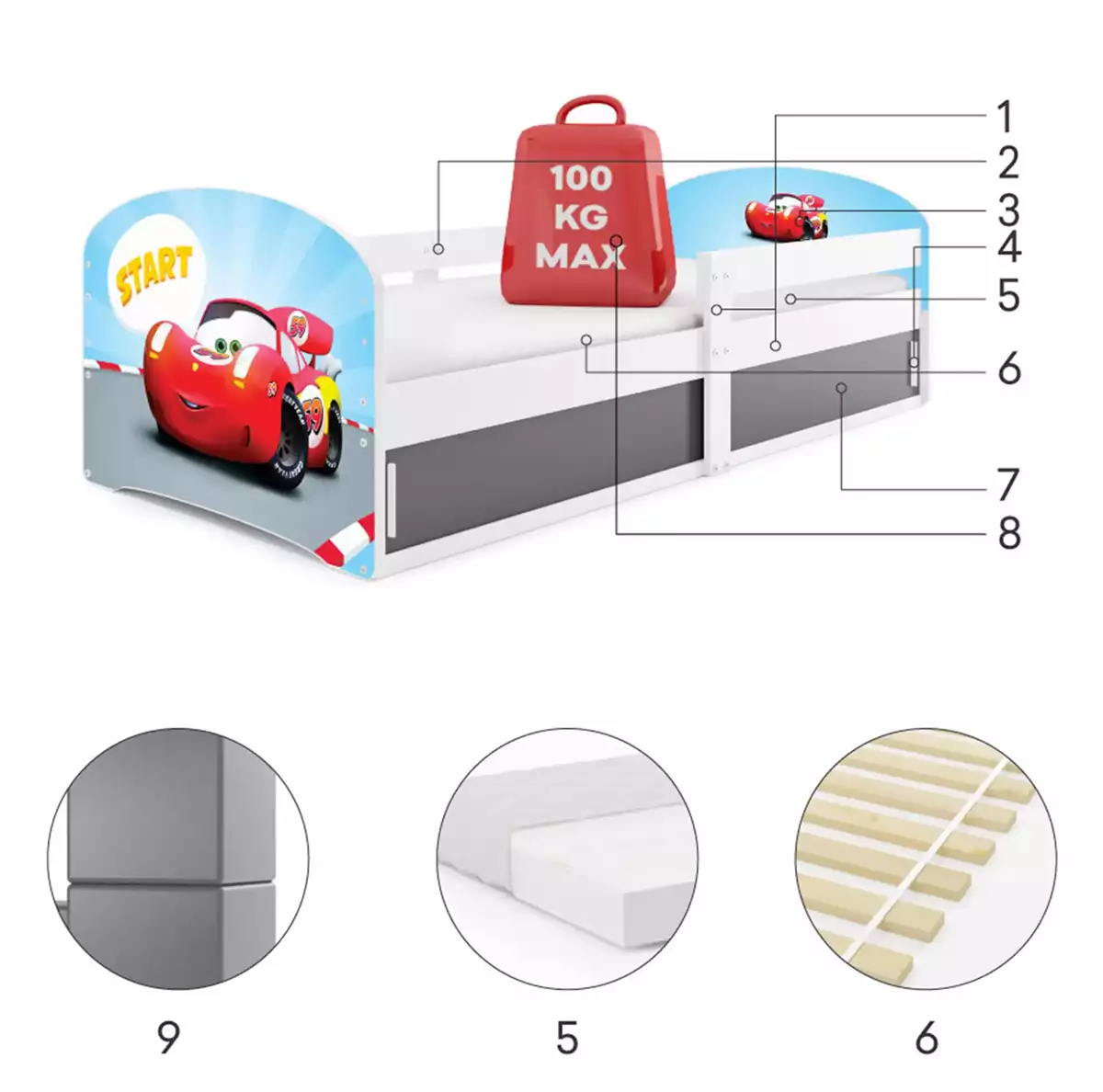 Komponenten für Kinderbett Lucas 1, 80x160, mit Stauraum, Cars, weiß Komponenten für Kinderbett Lucas 1, 80x160, mit Stauraum, Cars, weiß