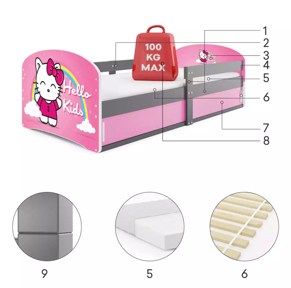 Komponenten für Kinderbett Lucas 1, 80x160, mit Stauraum, Hello Kids, grau Komponenten für Kinderbett Lucas 1, 80x160, mit Stauraum, Hello Kids, grau