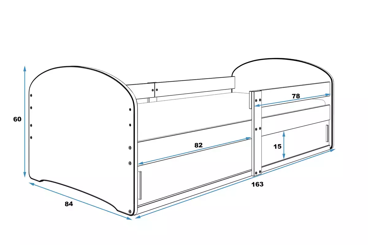 Abmessungen und Spezifikationen für Kinderbett Lucas 1, 80x160, mit Stauraum, Hello Kids, weiß Abmessungen und Spezifikationen für Kinderbett Lucas 1, 80x160, mit Stauraum, Hello Kids, weiß