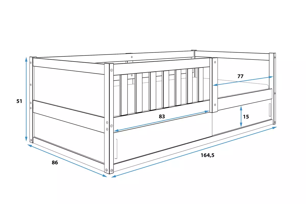 Abmessungen und Spezifikationen für Kinderbett Smart 2, 80x160, mit Matratze und Stauraum, naturholz Abmessungen und Spezifikationen für Kinderbett Smart 2, 80x160, mit Matratze und Stauraum, naturholz