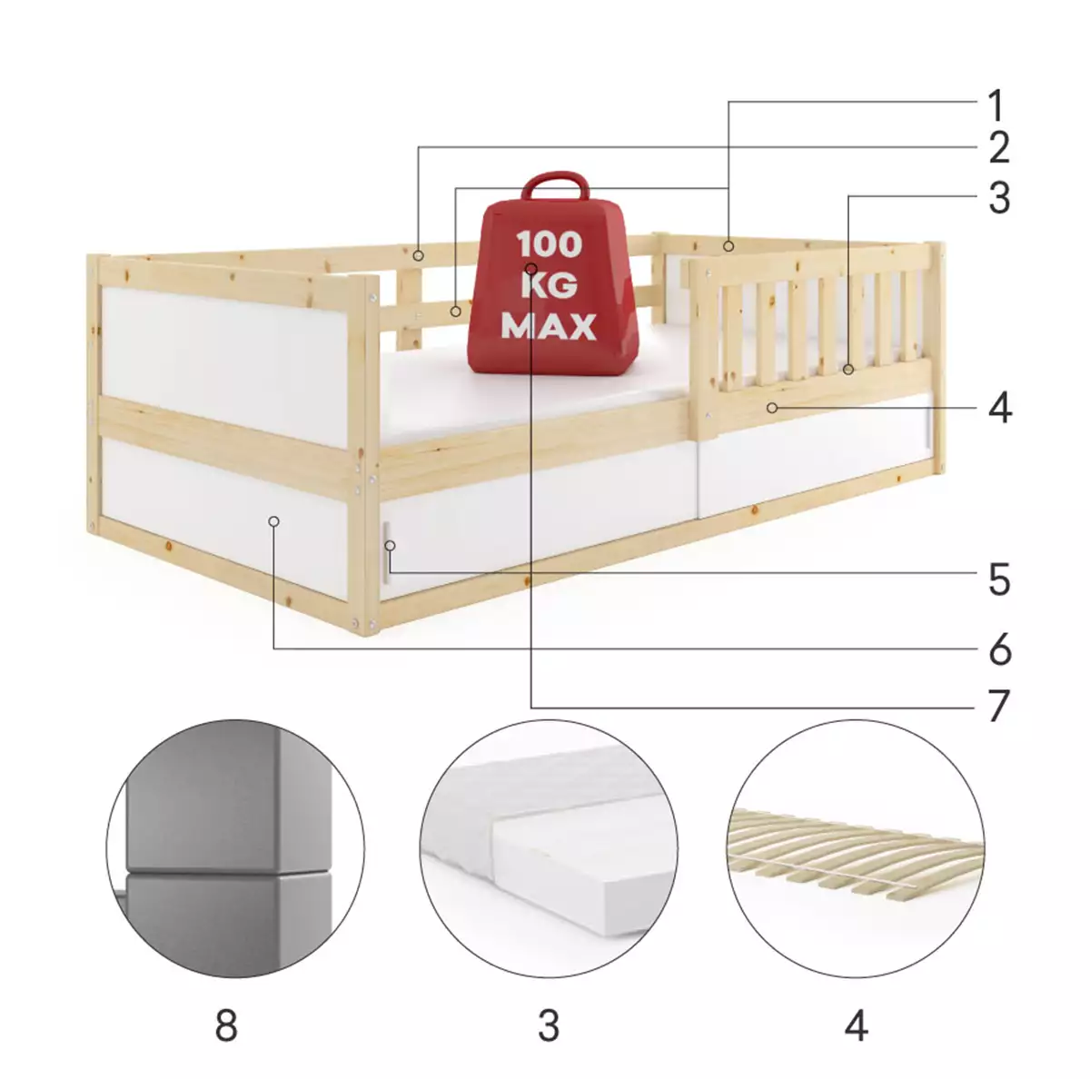 Komponenten für Kinderbett Smart 2, 80x160, mit Matratze und Stauraum, naturholz Komponenten für Kinderbett Smart 2, 80x160, mit Matratze und Stauraum, naturholz