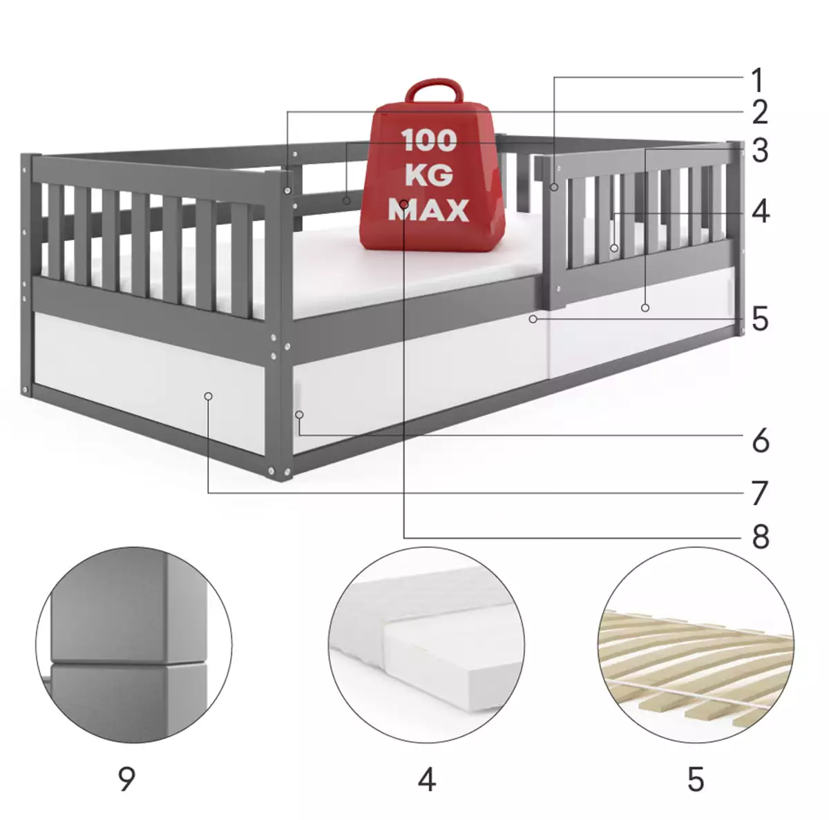 Komponenten für Kinderbett Smart, 80x160, mit Matratze und Stauraum, grau